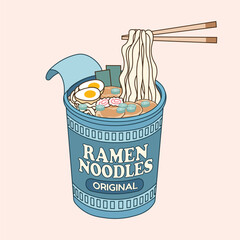 Cute ramen noodles cup illustration with chopsticks and toppings in pastel color palette