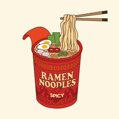 Spicy ramen noodles cup illustration with chopsticks and hot toppings in bold red packaging