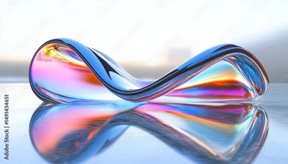 Poster smooth and reflective abstract glass sculpture with fluid curves and vibrant rainbow colors lying on