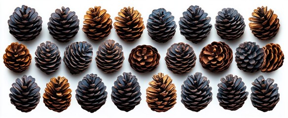 Top view of three rows of alternating brown and black pine cones neatly arranged on a white background