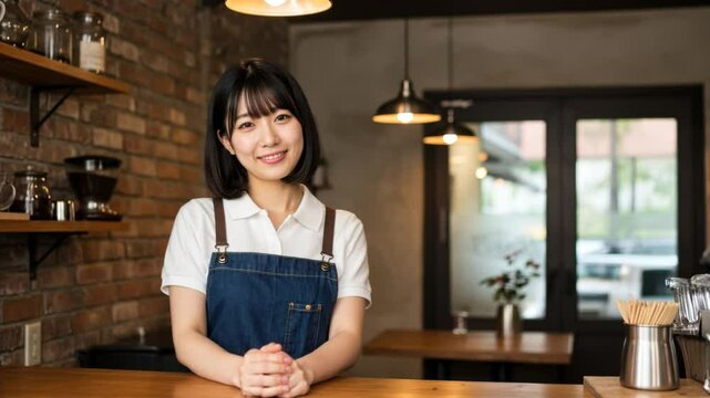 カフェで笑顔を見せる若い日本人女性スタッフ