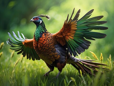 "Male Ring-Necked Pheasant Displaying in Spring Sunset &ndash; Courting Behavior in Green Meadow Habitat"
