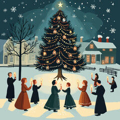 Community Carolers Singing Around Christmas Tree, Neighborhood Caroling Group