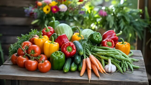 Vibrant composition of vegetables on a wooden table with carefully arranged ripe tomatoes, yellow, red and green sweet peppers, cucumbers, orange carrots, green beans, and white garlic