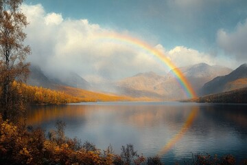 Calm lake surrounded by autumn trees and distant mountains under a cloudy sky with a vibrant rainbow reflecting on the water surface