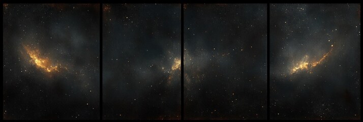 Naklejka premium Four-panel composite image of a dense star field with glowing nebulous clusters and scattered bright stars set against a dark cosmic background evoking a sense of vastness and mystery
