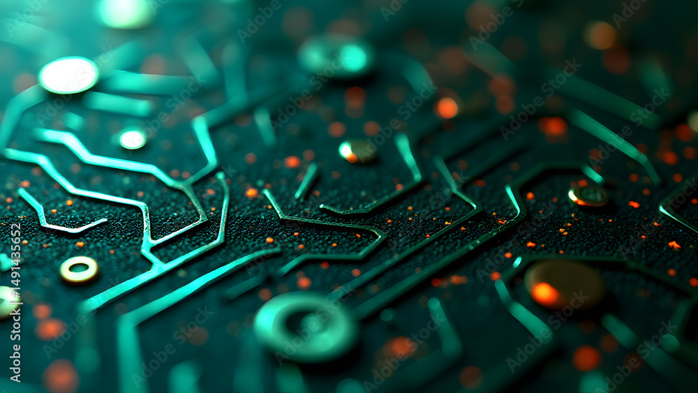 Aufkleber chaotic zigzag paths linking chrome micro-circles, organic circuit flow, uv-reactive green substrate