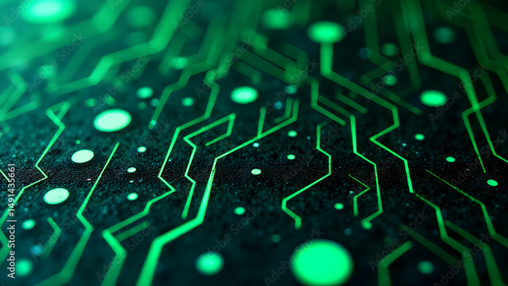 Poster chaotic zigzag paths linking chrome micro-circles, organic circuit flow, uv-reactive green substrate