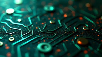 Chaotic zigzag paths linking chrome micro-circles, organic circuit flow, UV-reactive green substrate with carbon textures.