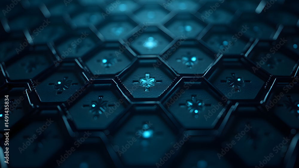 Poster hexagonal circuit cells with internal stars, graphene-inspired nano-wires, glowing quantum dots on c