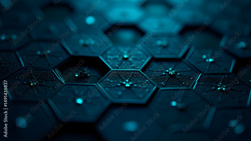 Poster hexagonal circuit cells with internal stars, graphene-inspired nano-wires, glowing quantum dots on c