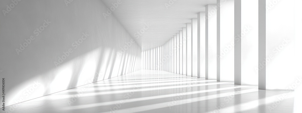 Poster bright empty corridor with tall vertical white pillars casting long shadows creating a pattern of li