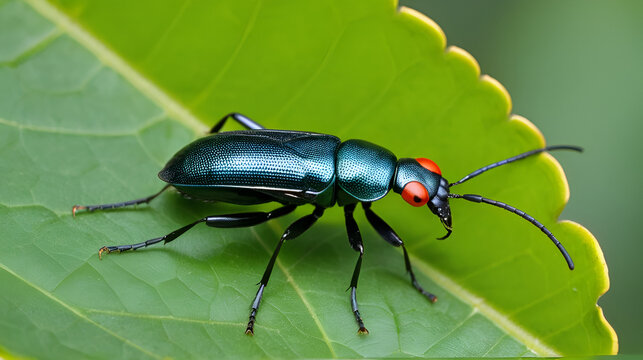 picture of red headed blister beetle or lytta magister sitting on leaf. Himachal pradesh, India