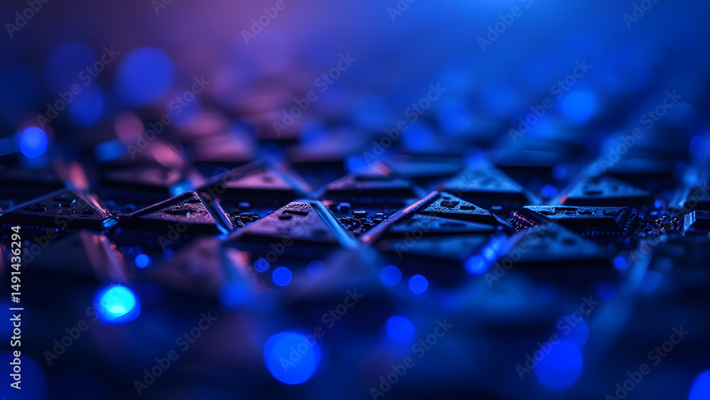 Poster 3d holographic triangle mesh, offset connections, glowing data pulses, matte black titanium on iride