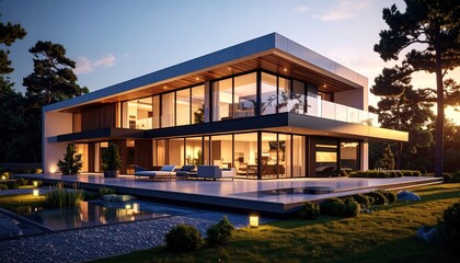 Modern Dream Home Luxury Living at Sunset with Pool  Forest Backdrop.