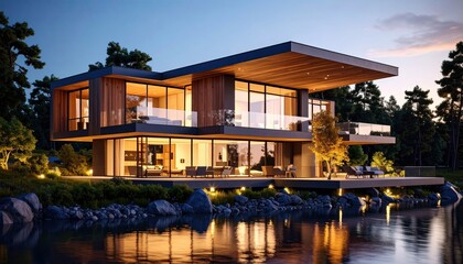 Fototapeta premium Lakeside Luxury Modern Home Reflections at Dusk.