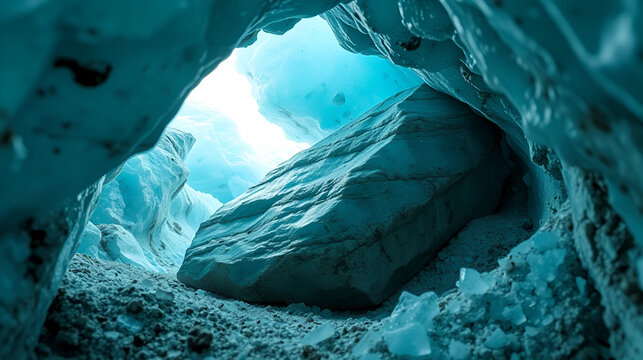 Glacial teal amphibolite stone in ice cave with close up background