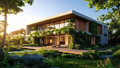 Fototapeta premium Modern Eco Home Lush Garden Oasis at Sunset.