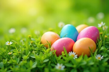 A colorful bunch of Easter eggs nestled in fresh spring grass , festive, meadow, grass