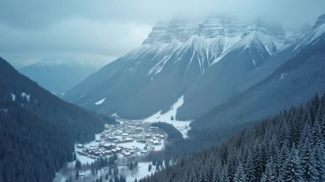 Aerial drone view of beautiful winter scenery in the mountains with pine trees covered with snow. Dark skies and snow falling. Small village below the mountain. Cinematic shot. Winter traveling.