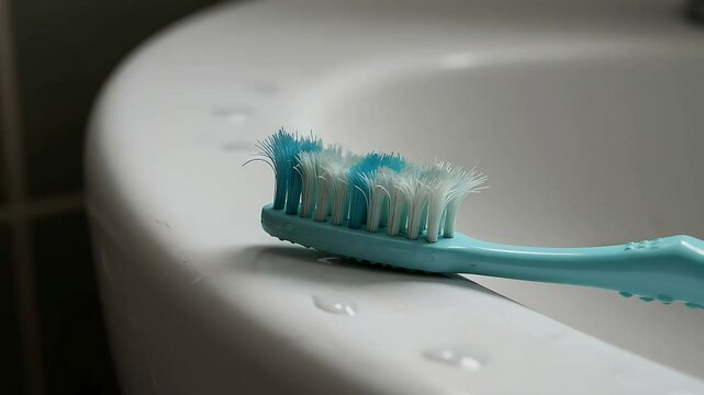 Close up Of A Damaged Toothbrush On A White Bathroom Sink