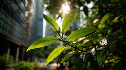 Obraz premium Green leaves growing near modern office building in city center