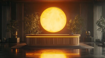 Spacious reception area with a large, glowing orb.