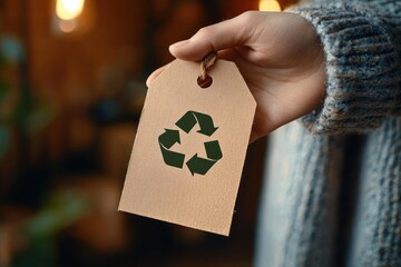 Hand holding a recycled paper tag with green recycling symbol against a blurred warm background, evoking sustainability and eco-friendly awareness