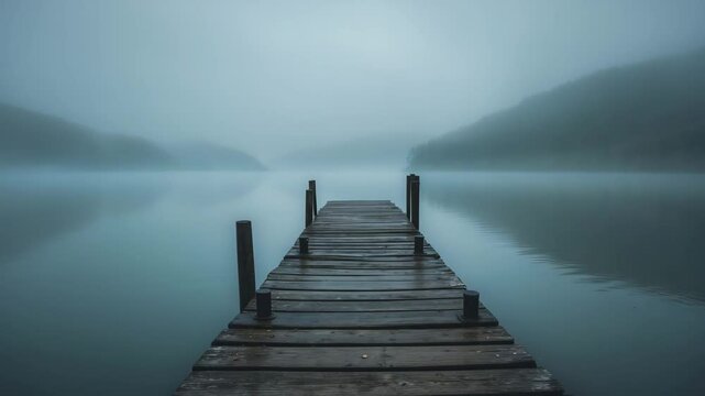 Aged timber pier amidst a misty, gloomy lake.