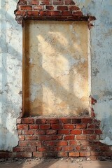 Naklejka premium Old weathered brick wall with a rectangular recessed area covered in cracked peeling plaster casting soft shadows