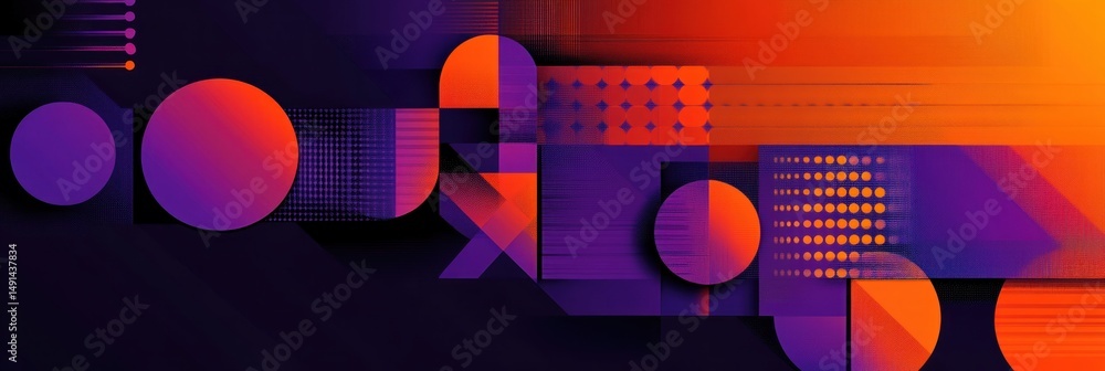 Poster abstract geometric digital art with overlapping circles, rectangles, and patterns in vibrant orange 