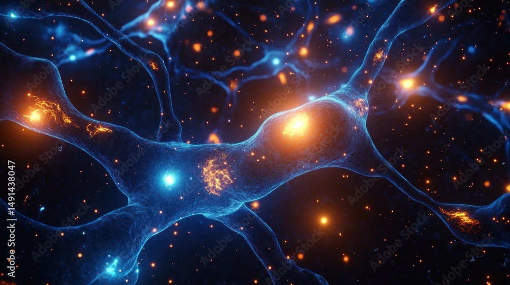 Poster close-up view of glowing blue and orange nerve cells interconnected with luminous particles signalin