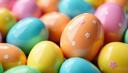Fototapeta premium Close-up of colorful candied Easter eggs, pastel hues, shiny glaze Sweet treats, spring holiday , spring, dessert, colorful eggs
