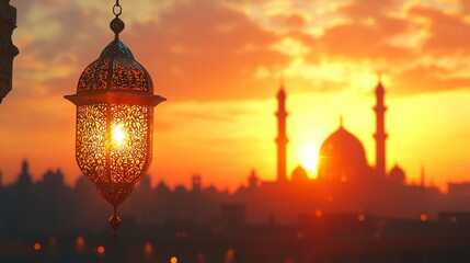 Ornate Lantern Hanging at Sunset with Mosque Silhouette and Warm Sky