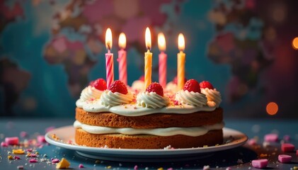 Delicious birthday cake with lit candles, ready to celebrate , sweet, delicious