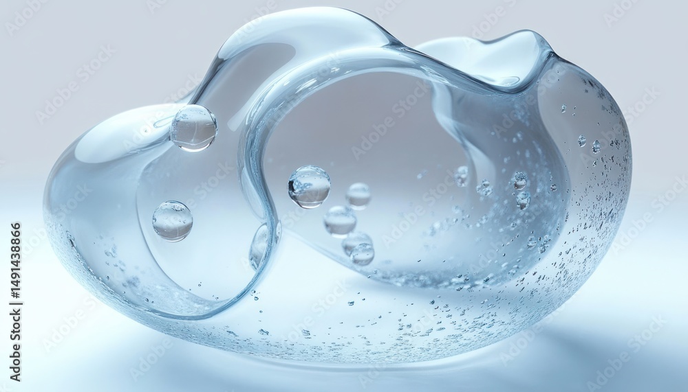 Poster transparent irregular water droplet or bubble with smaller suspended bubbles inside on a light backg