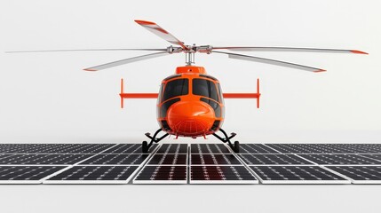 A red and black helicopter is on a solar panel