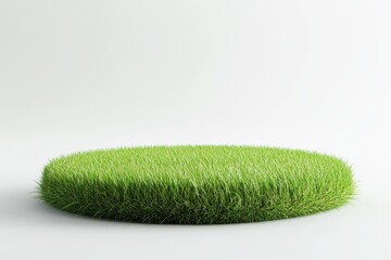 Green grass podium in circle shape against a clean white background. Perfect for product display, nature themes, or outdoor advertisements.