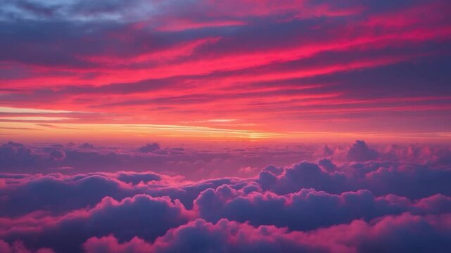 The dawn or dusk. The cloudy sky infused with brilliant and vibrant hues of red, orange, pink, scarlet, crimson, purple, violet, and blue.
