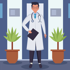 Vector image of a doctor in a hospital. A kind man character in a white medical coat, a simple children's picture in the style of a flat.
