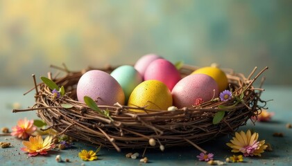 Fototapeta premium Hidden Easter eggs in a decorated nest, symbolizing religious celebration , eggs, symbol
