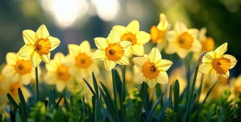 A close-up of bright yellow daffodil flowers blooming in a sunny garden with green leaves and soft focused background