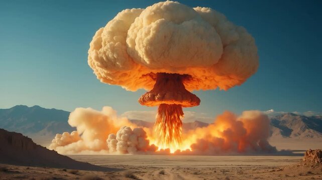Terrifying explosion of a bomb creating a mushroom cloud.