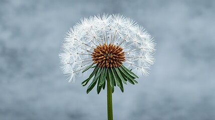 Close-up of a fluffy dandelion seed head against a soft backdrop.