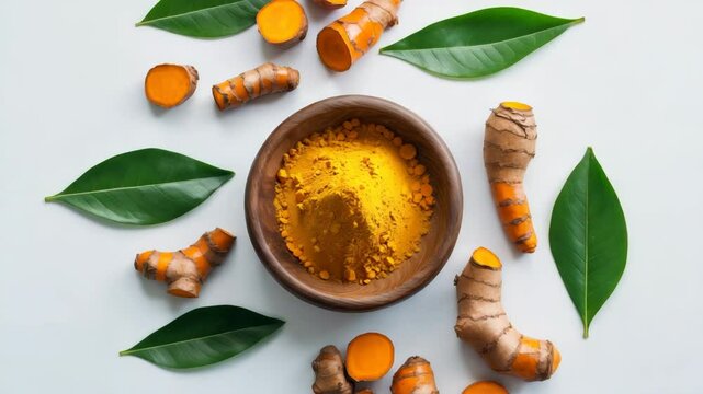 Turmeric root and powder displayed on a background with space for your text.