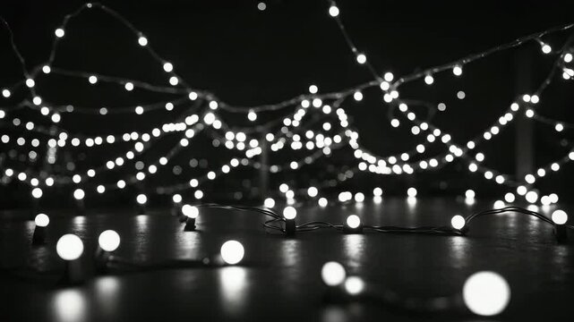 Deep blackness adorned with sparkling constellations of lights, brightening landscapes with a magical glow.