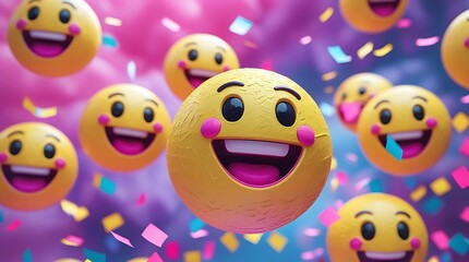 Obraz premium Vibrant floating smiley face emoji balloons surrounded by colorful confetti and bokeh lights, capturing joy, celebration, happiness, and festive fun in a playful setting