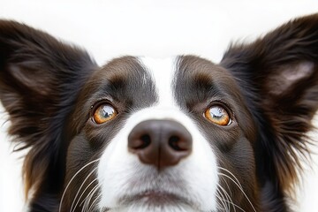 Fototapeta premium close-up of attentive brown and white dog face with large ears and amber eyes looking upward