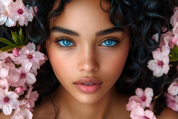 Naklejka premium Commercial promotion concept graphic art. Pretty middle eastern young woman surrounded by cherry blossoms. Spring mood, dark night and warm mystic light - complementary lighting.