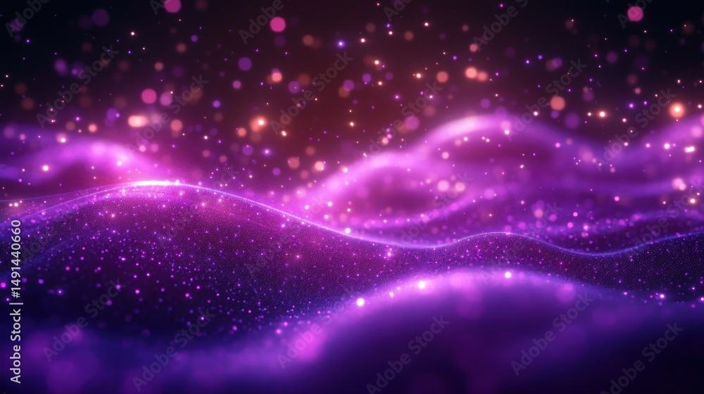 Poster abstract glowing purple and pink wave-like particles floating in dark space creating a sense of dept